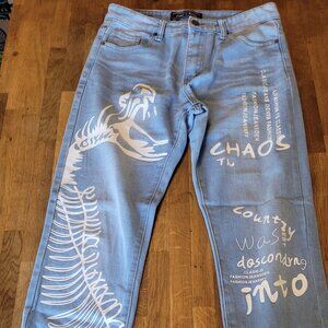 Fire & Rain Chaos Skeleton Graphic Light Wash Distressed Jeans 32x30